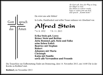 Traueranzeige von Alfred Stein von Südthüringer Presse