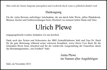 Traueranzeige von Ulrich Plewe von Südthüringer Presse
