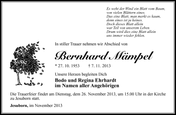Traueranzeige von Bernhard Mämpel von Südthüringer Presse