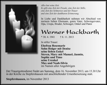 Traueranzeige von Werner Hackbarth von Südthüringer Presse