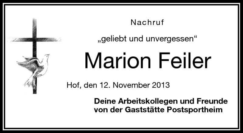  Traueranzeige für Marion Feiler vom 12.11.2013 aus Frankenpost