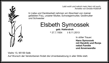 Traueranzeige von Elsbeth Symossek von Frankenpost