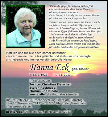 Traueranzeige von Hanna Eck von Südthüringer Presse