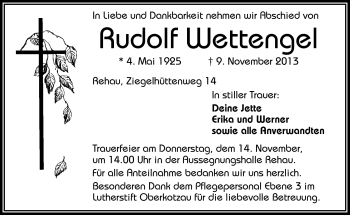 Traueranzeige von Rudolf Wettengel von Frankenpost