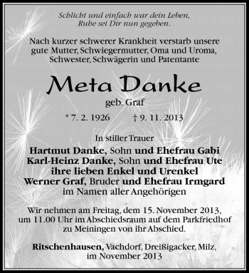 Traueranzeige von Meta Danke von Südthüringer Presse
