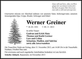Traueranzeige von Werner Greiner von Südthüringer Presse