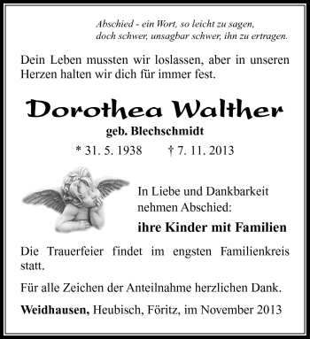 Traueranzeige von Dorothea Walther von Südthüringer Presse