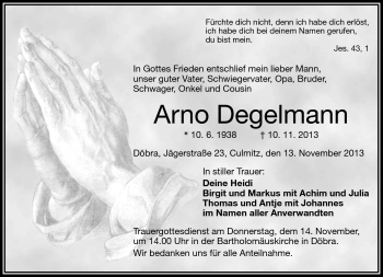 Traueranzeige von Degelmann Arno von Frankenpost