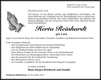 Traueranzeige von Herta Reinhardt von Südthüringer Presse