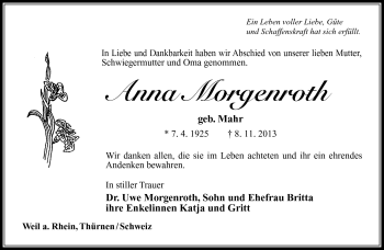 Traueranzeige von Anna Morgenroth von Südthüringer Presse