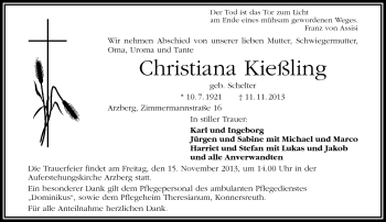 Traueranzeige von Christiana Kießling von Frankenpost
