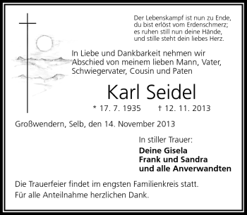 Traueranzeige von Karl Seidel von Frankenpost