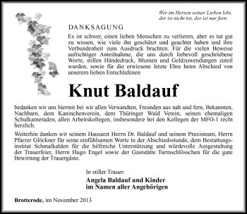 Traueranzeige von Knut Baldauf von Südthüringer Presse