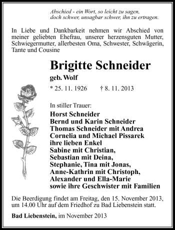 Traueranzeige von Brigitte Schneider von Südthüringer Presse
