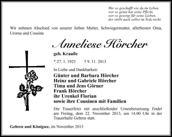 Traueranzeige von Anneliese Hörcher von Südthüringer Presse