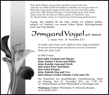 Traueranzeige von Irmgard Vogel von Südthüringer Presse