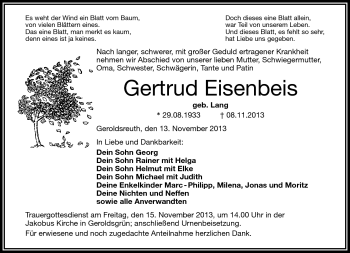 Traueranzeige von Gertrud Eisenbeis von Frankenpost
