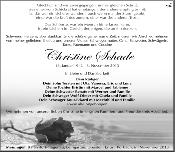 Traueranzeige von Christine Schade von Südthüringer Presse