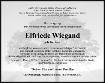 Traueranzeige von Elfriede Wiegand von Südthüringer Presse