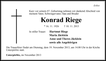Traueranzeige von Konrad Riege von Südthüringer Presse