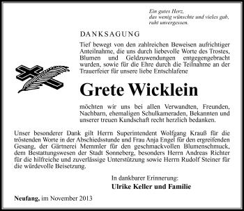 Traueranzeige von Grete Wicklein von Südthüringer Presse