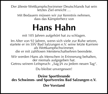 Traueranzeige von Hans Hahn von Südthüringer Presse