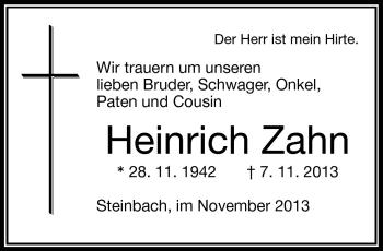 Traueranzeige von Heinrich Zahn von Frankenpost
