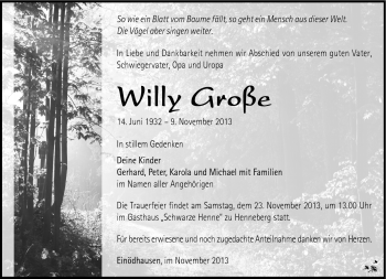 Traueranzeige von Willy Große von Südthüringer Presse