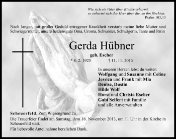 Traueranzeige von Gerda Hübner von Neue Presse Coburg