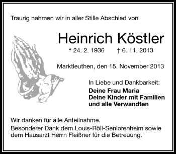 Traueranzeige von Heinrich Köstler von Frankenpost