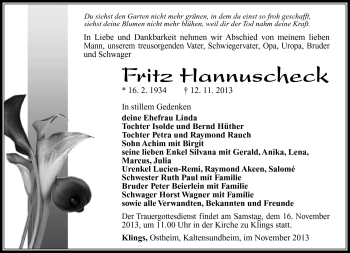 Traueranzeige von Fritz Hannuscheck von Südthüringer Presse