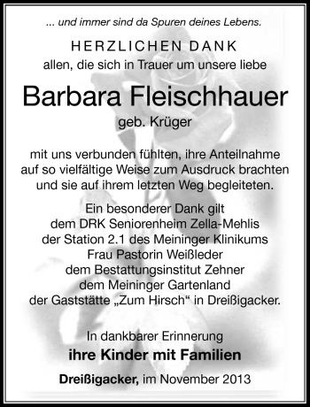 Traueranzeige von Barbara Fleischhauer von Südthüringer Presse