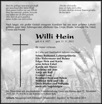 Traueranzeige von Willi Hein von Südthüringer Presse