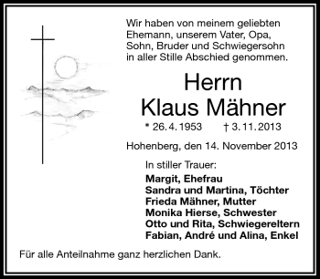 Traueranzeige von Klaus Mähner von Frankenpost