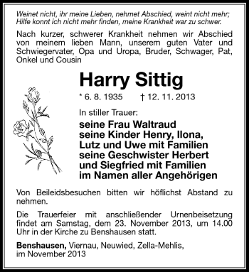 Traueranzeige von Harry Sittig von Südthüringer Presse
