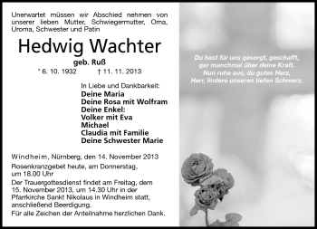 Traueranzeige von Hedwig Wachter von Neue Presse Coburg