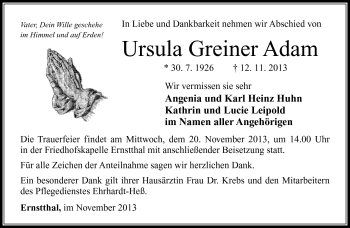 Traueranzeige von Ursula Greiner Adam von Südthüringer Presse