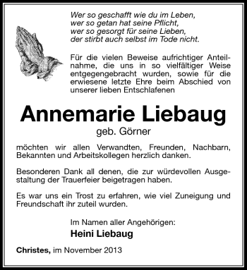 Traueranzeige von Annemarie Liebaug von Südthüringer Presse