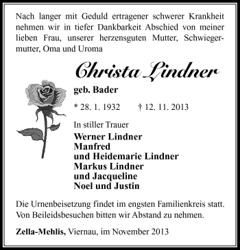 Traueranzeige von Christa Lindner von Südthüringer Presse