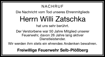 Traueranzeige von Willi Zatschka von Frankenpost