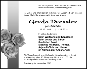 Traueranzeige von Gerda Dressler von Südthüringer Presse