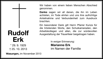Traueranzeige von Rudolf Erk von Südthüringer Presse