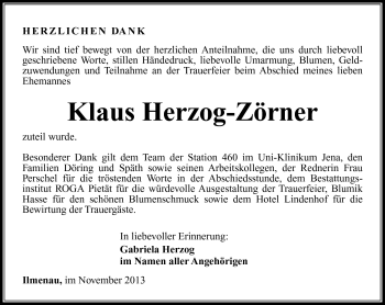 Traueranzeige von Klaus Herzog-Zörner von Südthüringer Presse