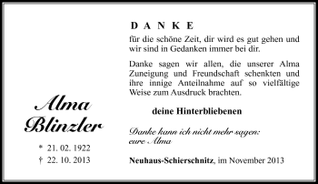 Traueranzeige von Alma Blinzler von Südthüringer Presse