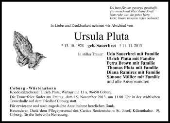 Traueranzeige von Ursula Pluta von Neue Presse Coburg