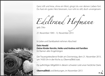 Traueranzeige von Edeltraud Hofmann von Südthüringer Presse