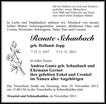Traueranzeige von Renate Schaubach von Südthüringer Presse
