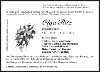Traueranzeige von Olga Ritz von Südthüringer Presse