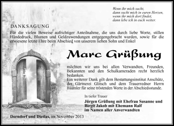 Traueranzeige von Marc Grüßung von Südthüringer Presse