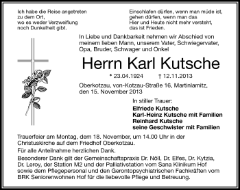 Traueranzeige von Karl Kutsche von Frankenpost
